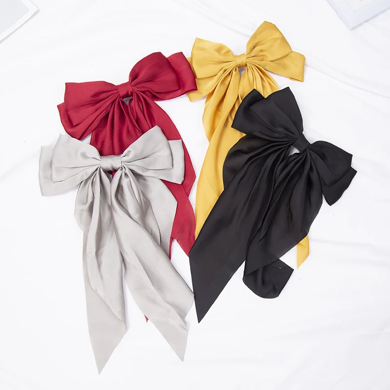 Elegant Bow Ribbon Hair Clip for Women Fashion Solid Satin Black Clip Simple Hairpin Headband with Clips Girls Hair Accessories