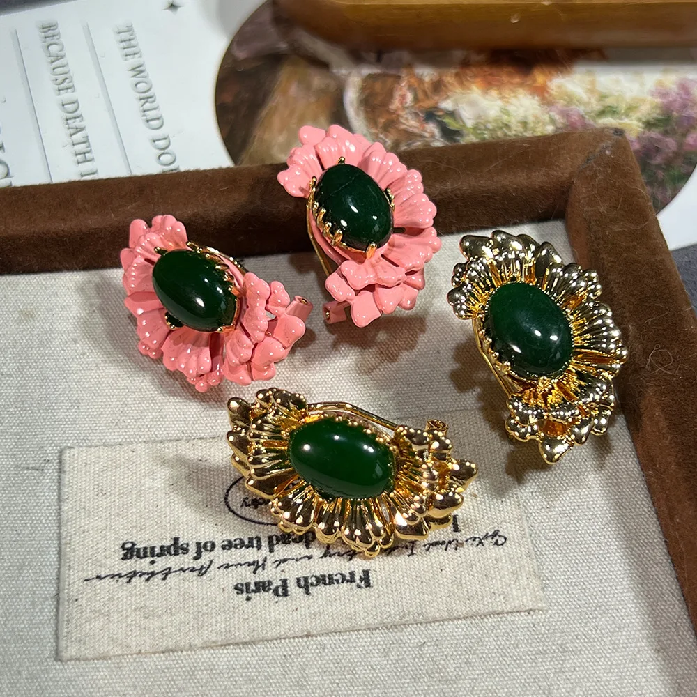 Natural agate Chinese style flower explosion 18K plated real gold, exquisite and high-end new Chinese fashion national style ear