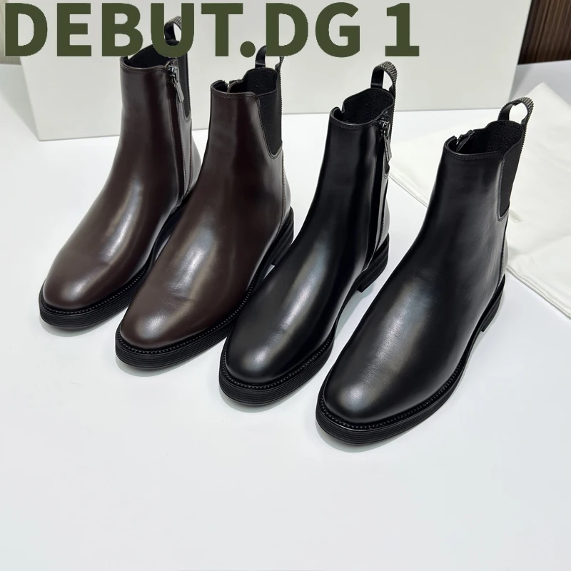 Flat Ankle Boots for Women Genuine Leather Comfortable Non-Slip Sole Simple Side Zipper Casual Walking Boots