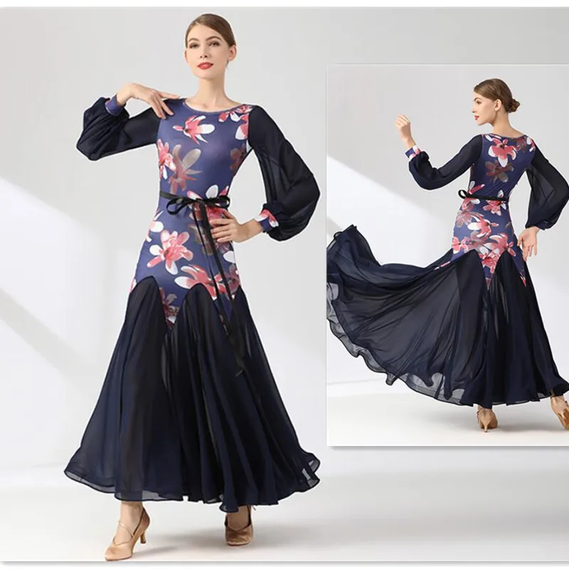 New CheapBallroom Dance Gowns  summer  lantern sleeve ballroom dress flower print Adult Women ballroom pratice dress 9077