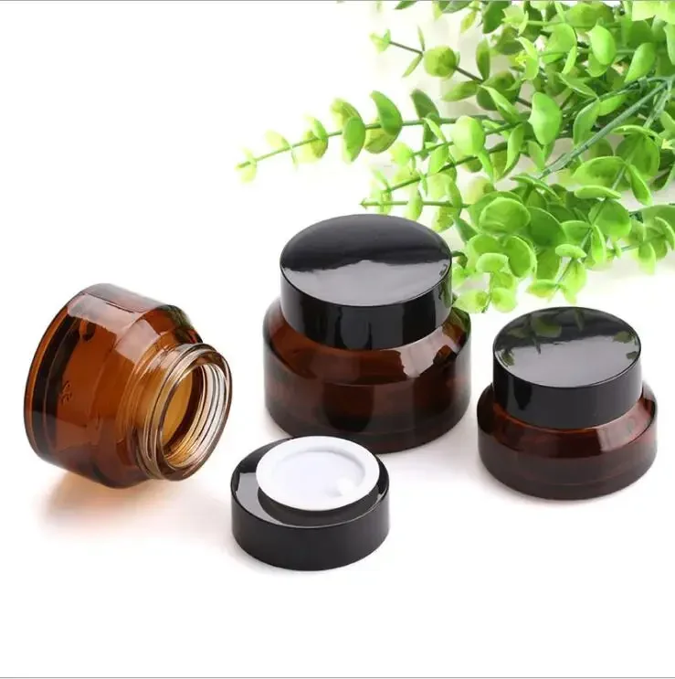 1pcs 15g 30g 50g Amber Green Empty Glass Facial Cream Jar Pots Cosmetic Container Black Lid Glass Bottle Travel Packing