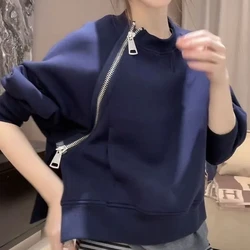 New Women's Clothing Design with Diagonal Zipper Fashionable Blue Hoodie Versatile Pullover Niche Top Jacket