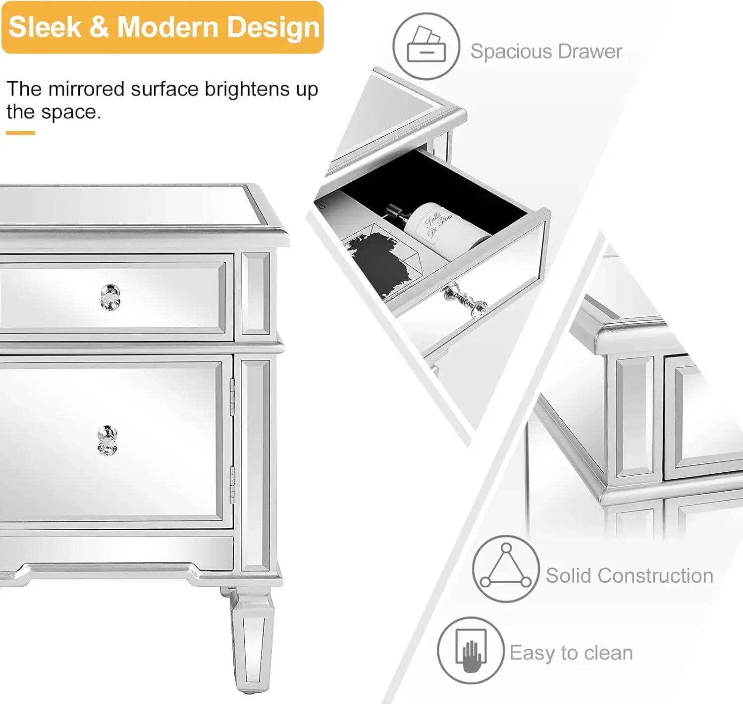 Nightstands ชุด2โต๊ะกระจกด้านข้างพร้อมลิ้นชักสำหรับห้องนอนสีเงิน