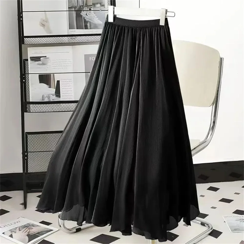 2024 Fashion Women Chiffon Long Skirts White Summer Midi Skirt Female Double Layer A-line Skirt High Waist Medium Length Ruffles