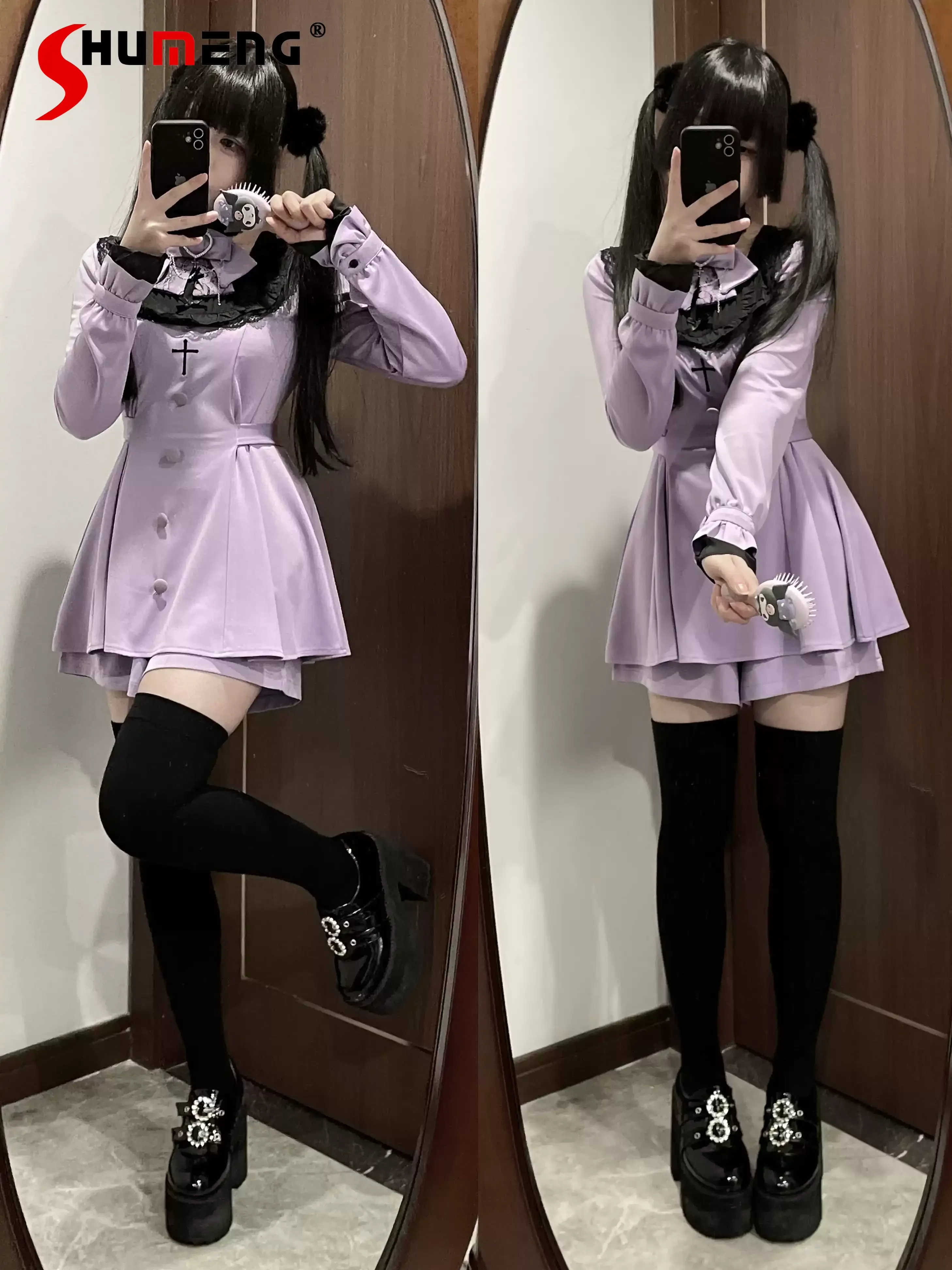 

Japanese Mines Style Mass-Produced Lace Bow Long-Sleeved Embroidered Patchwork Short Dress High Waist Shorts Two Piece Set Women