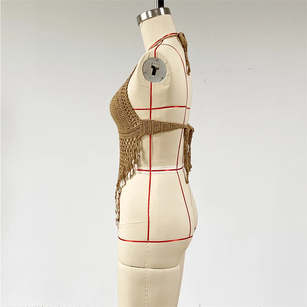 Sexy Quasten, ausgehöhltes, gehäkeltes, gestricktes Bikini-Oberteil, Strand-Überwurf, Strandkleid, Strandbekleidung, Damen V8427 – Detail 7