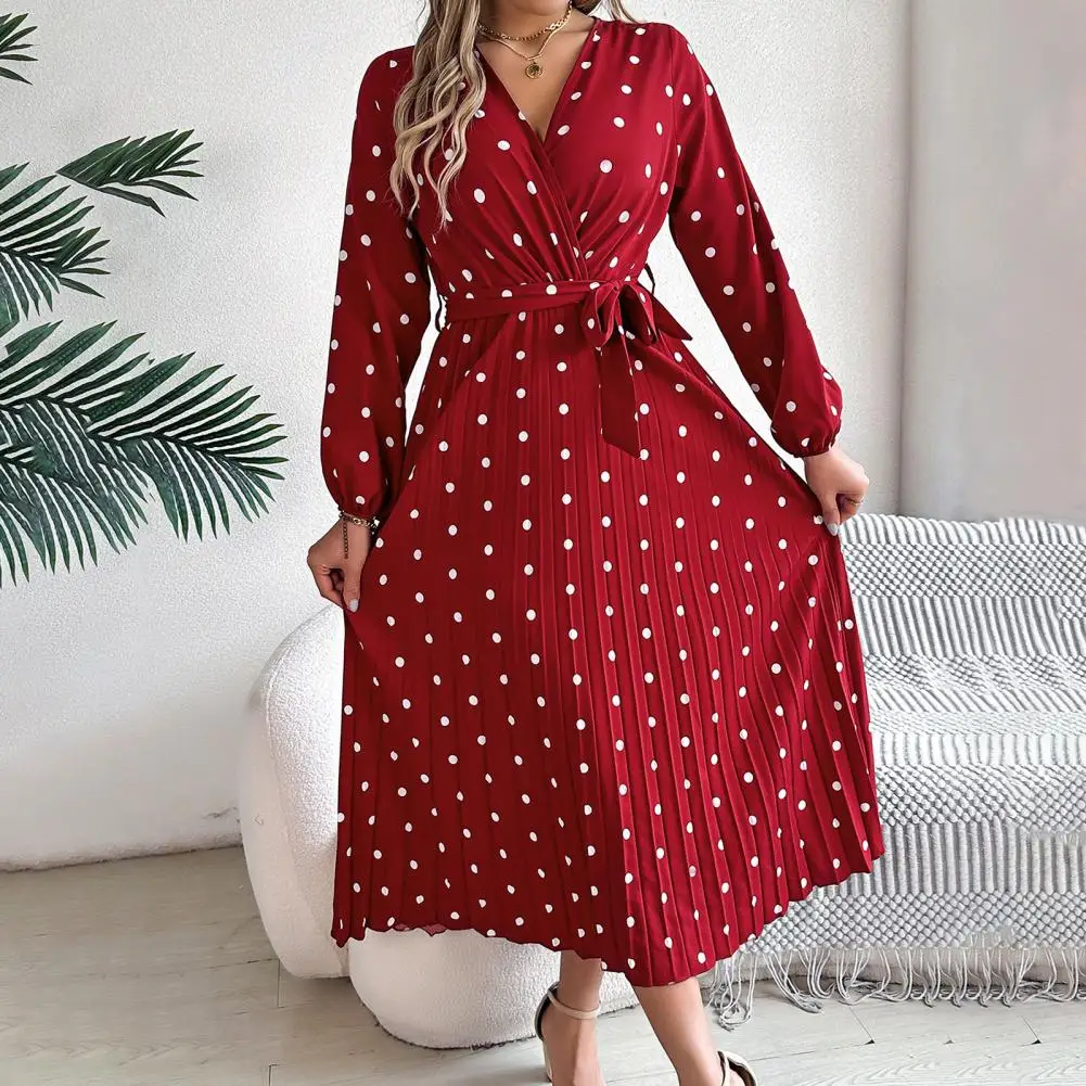 Flattering Polka Dot Dress Women Pleated Polka Dot Dress Elegant V-neck Polka Dot Long Sleeve Dress with for Women for Office