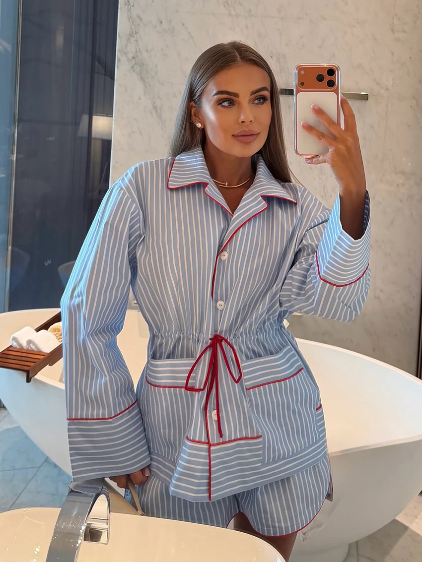 Striped Pajama Set: Long Sleeve Robe, Shorts and Nightgown
