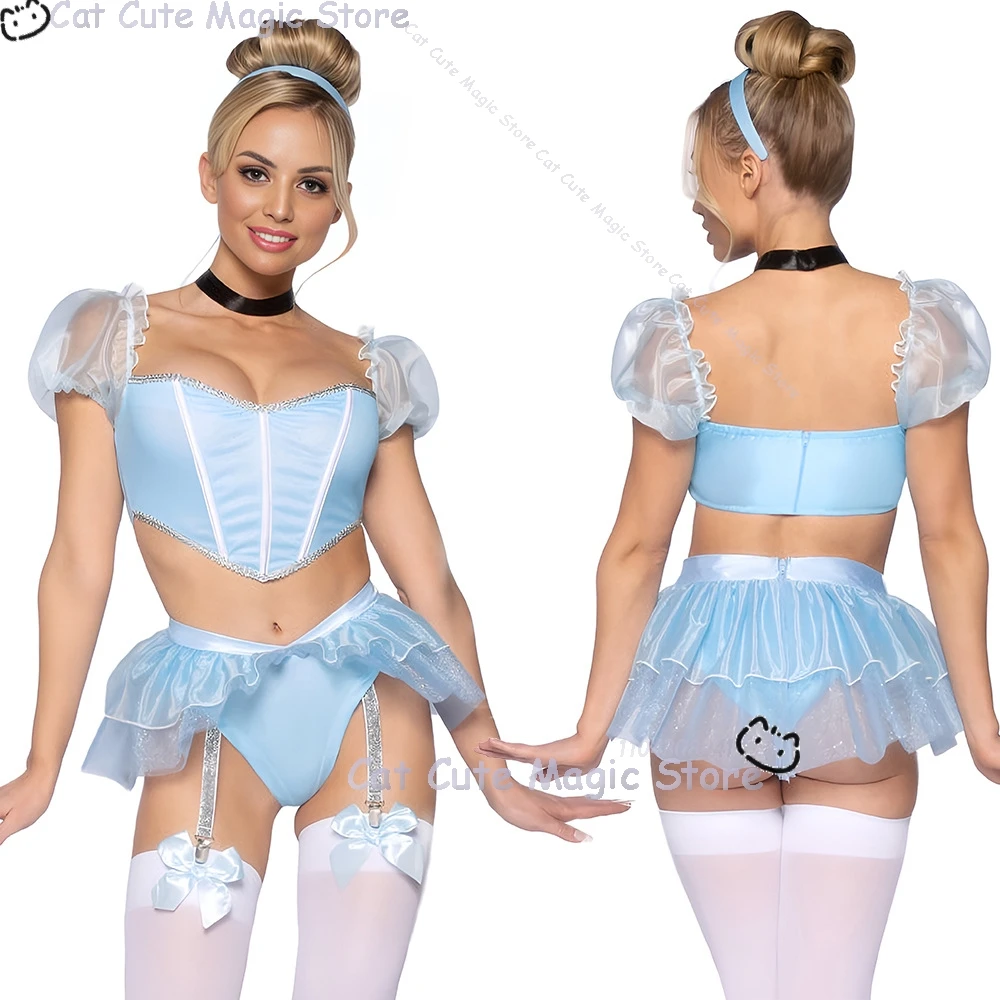 Disfraz de fantasía para mujer adulta, ropa de Halloween, juego de fiesta, disfraz de Cosplay, uniformes azules sexys, lencería de sirvienta de princesa
