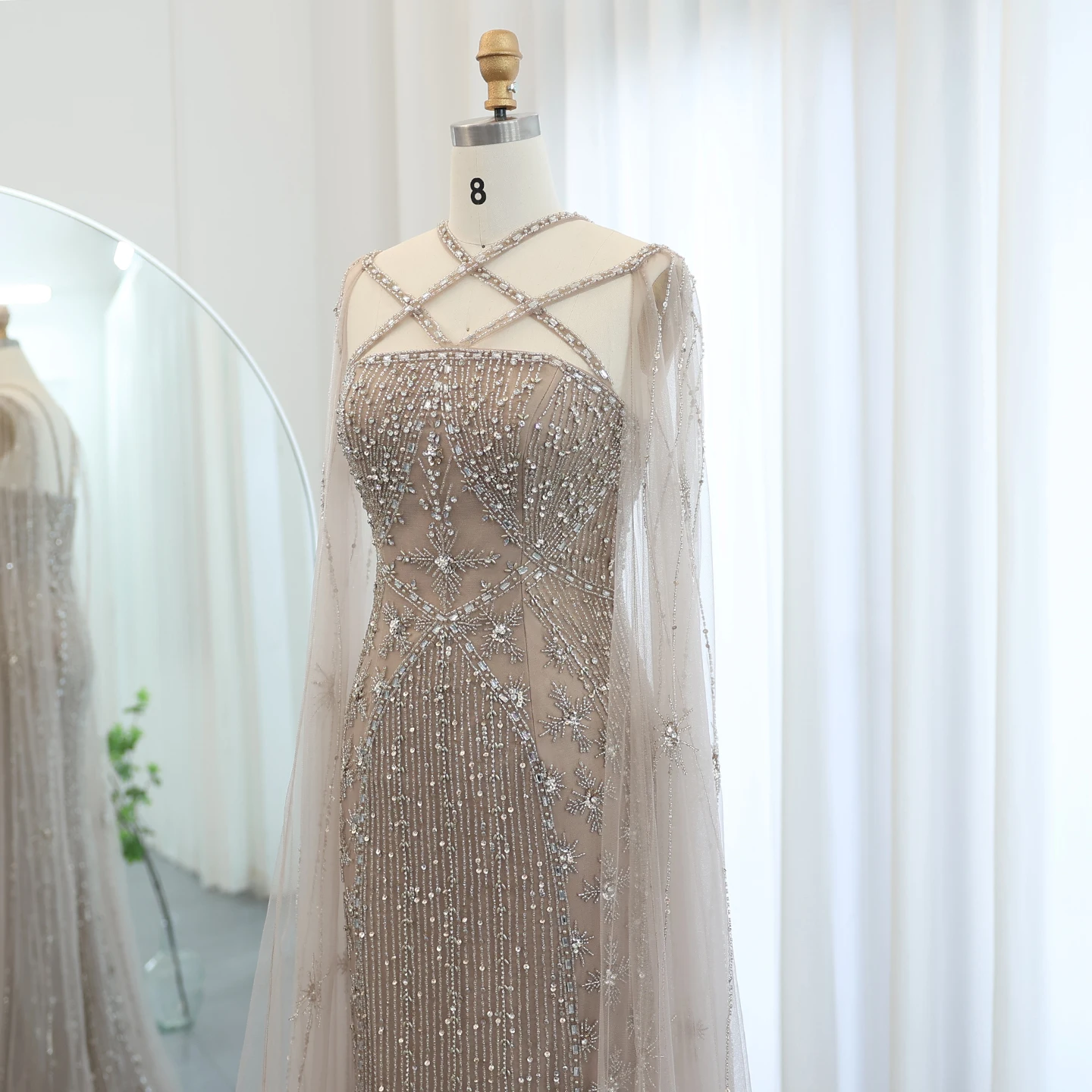 Sharon Said Dubai Champagner Meerjungfrauen-Abendkleider mit Cape-Ärmeln Aqua Criss Cross Flieder Hochzeits-Partykleid SS391 Maßanfertigung – Detail 22