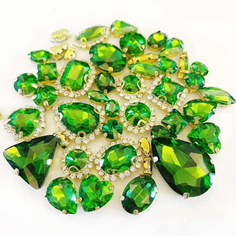 

Mixed Shape 58pcs Grass Green Glass Rhinestones, Glitter Golden Base Crystal Buckle Use for Needlework, DIY Sewing Accessories