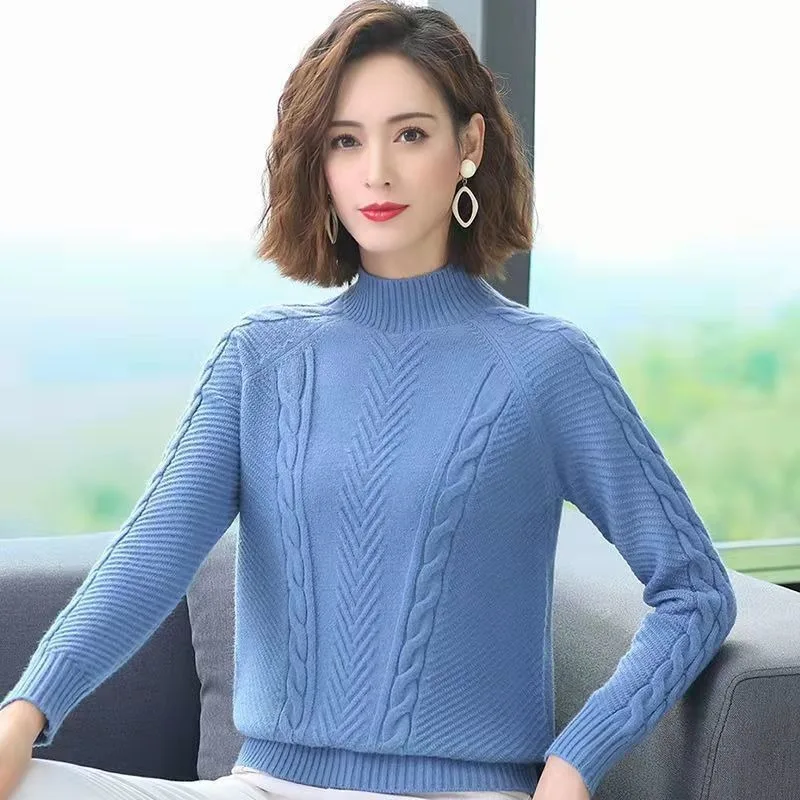 

2023 Woolen Sweater Female New Autumn Winter Knitted Short Thick Loose Large Size Half Turtleneck Bottom Pullover Tide