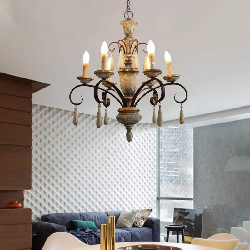 

Vintage Loft 6 heads American Solid Wood Made Old Chandeliers Living Room Dining Room Bedroom Villa Indoor Light Design