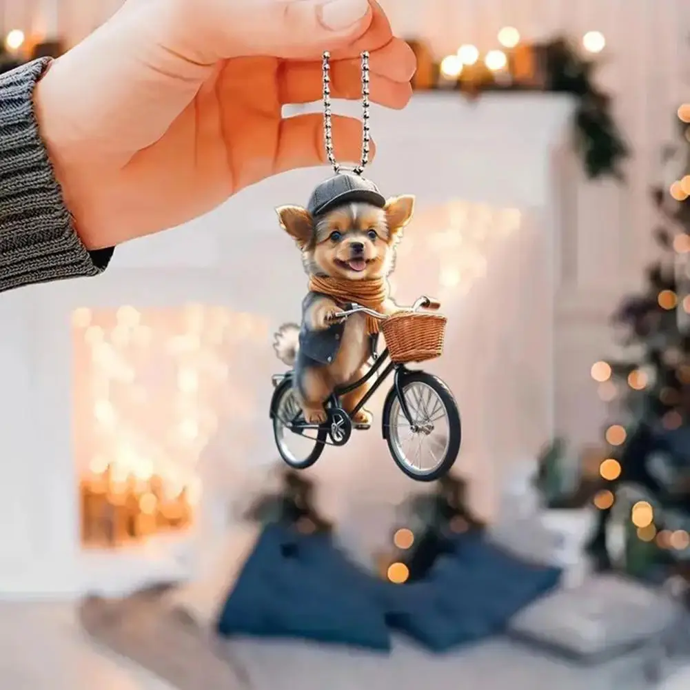 Acrylic Puppy Pendant Lover Gift Puppy Riding Bicycle Christmas Tree Ornaments Double-printed Acrylic Hanging for Home