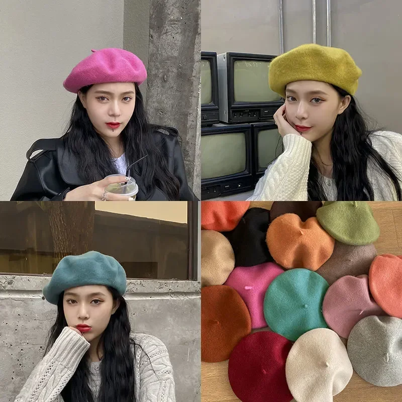 Женские шерстяные береты во французском стиле художника, теплая зимняя шапка-бини, однотонный берет в стиле ретро, однотонные элегантные женские