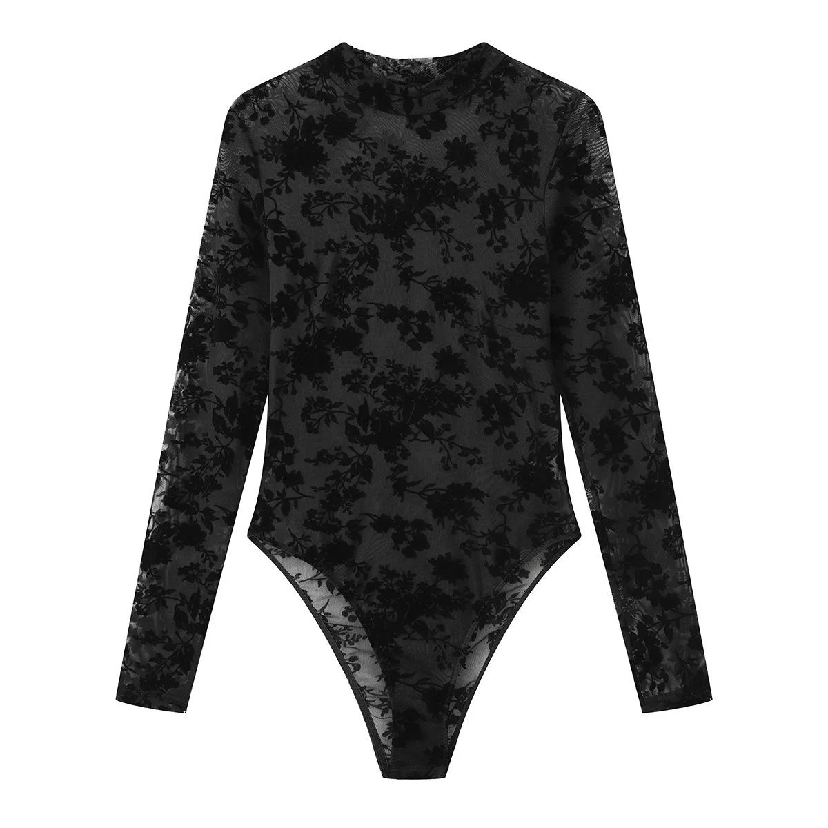 Sexy Women\'s Black Floral Flocking Sheer Mesh Mock Neck Long Sleeve Bodysuit