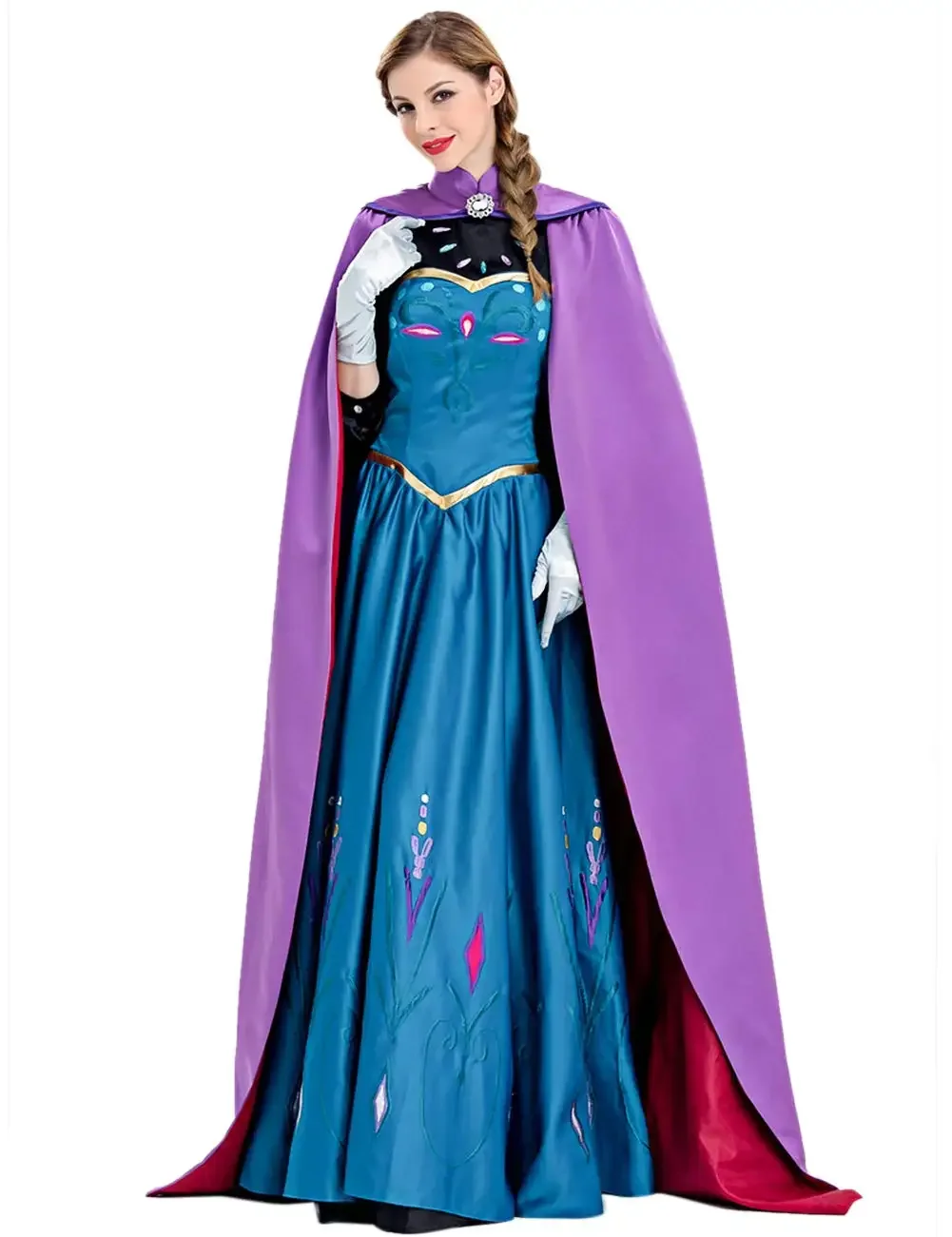 Frozen Anna Princess Long Dress with Clocak Adults Snow Queen Elsa Cosplay Costume Party Dresses for Women Halloween Fancy Dress