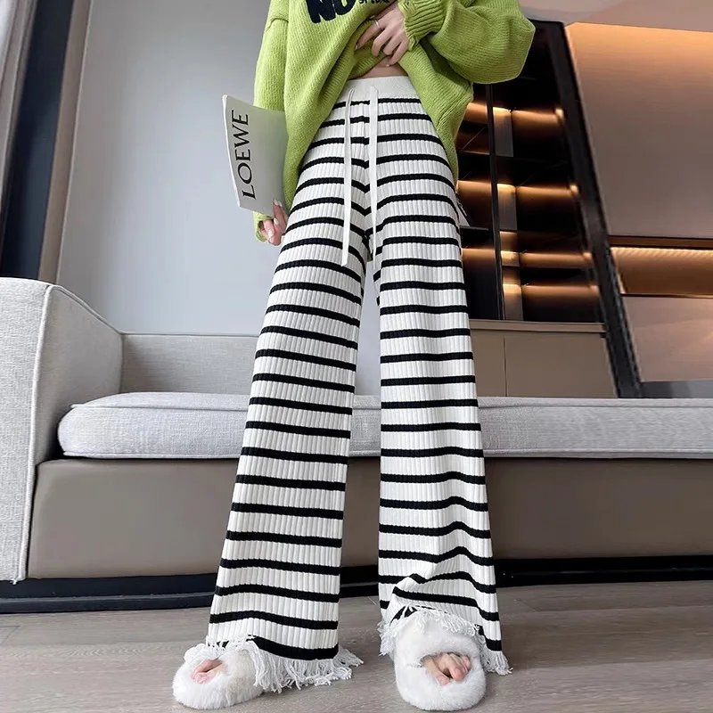 Women Striped Ribbed Knit Wide Leg Pants Drawstring High Waist Tassel Fringe Hem Loose Casual Fall Winter Ladies Long Trousers