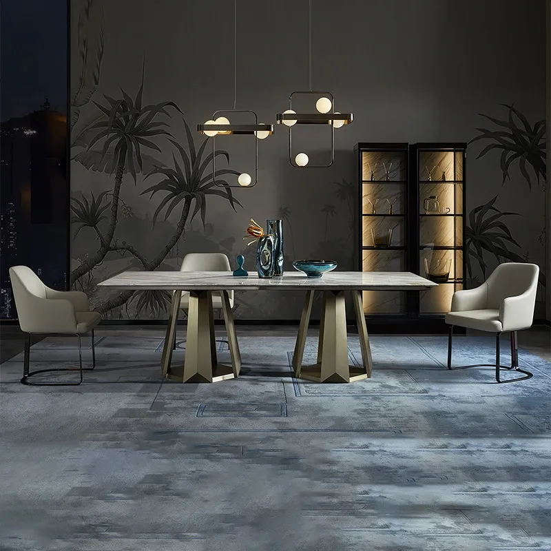 Rock slab dining table light luxury high-end restaurant hotel long table stainless steel