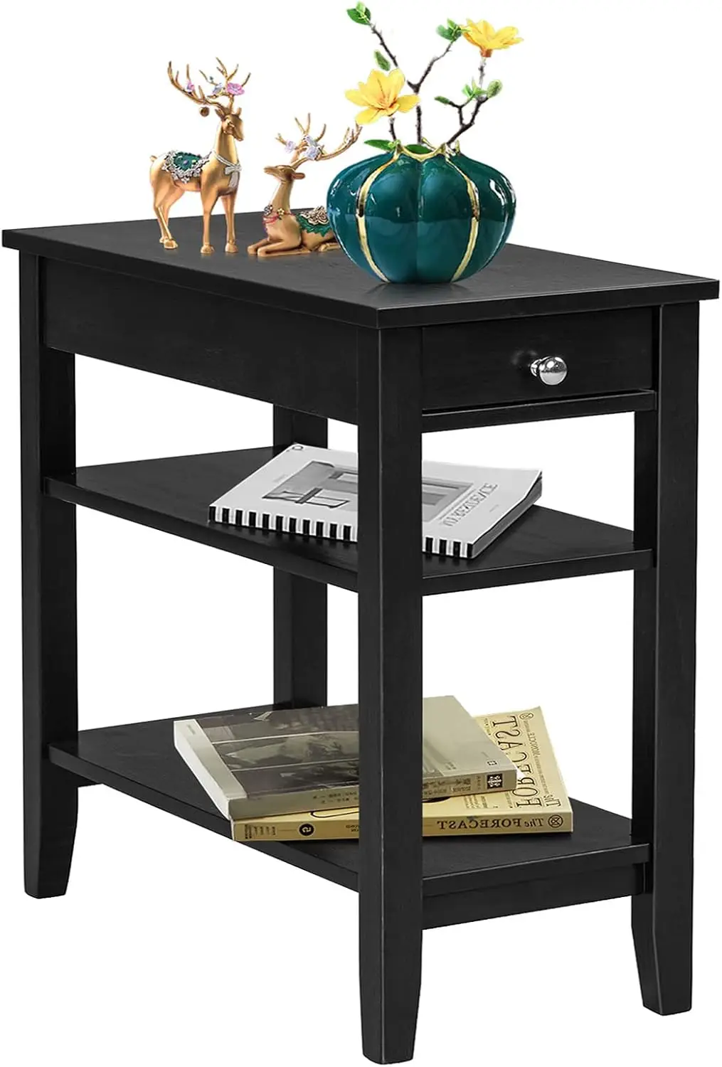 

End Table With Drawer, Narrow Side Table With 2-Tier Open Storage Shelves, Slim Side End Table Compact Nightstand Bedside Table