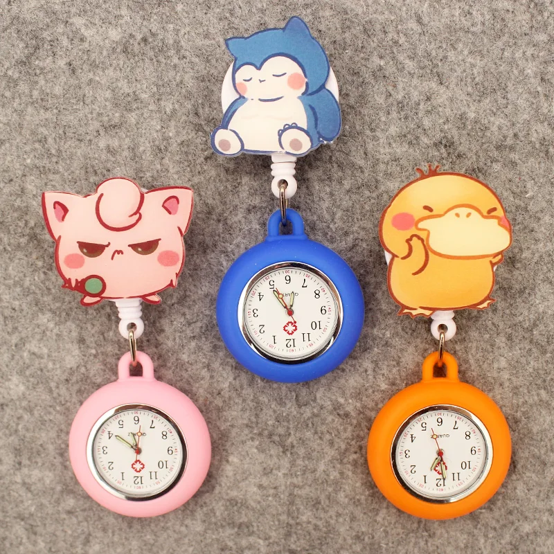 Cute Orange Duck Pink Cat Style Pocket Watch Retractable And With Clip For Men And Women