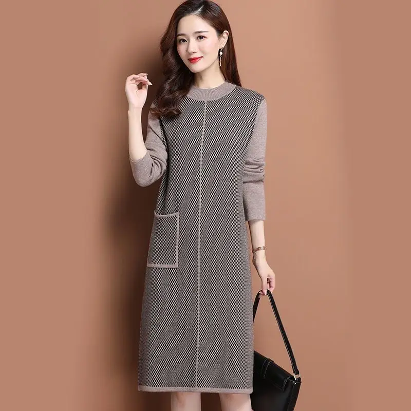 Oversize Women Dresses For Autumn Winter 2024 New Fashion Pockets Half High Collar Pullover Patchwork Office Lady Clothes Dress