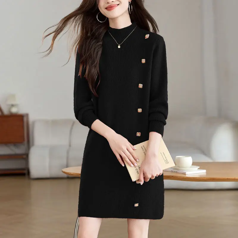 Autumn Winter Women's Long Sleeve Pullover Sweater Knitted Solid Color Screw Thread Button Half High Collar Office Lady Dress