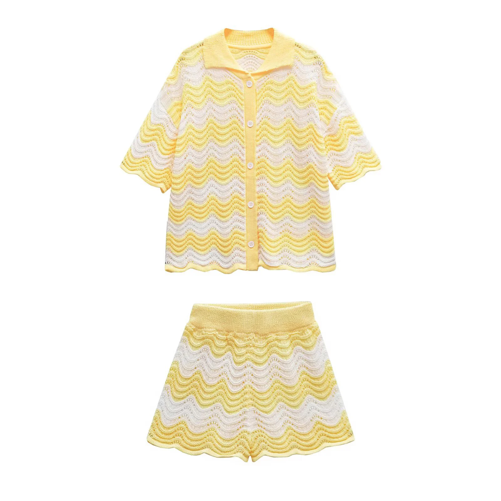 ニューウェーブパターンカジュアルニットセーターハワイアンスタイルシャツニット中空アウト男性と女性のスポーツセット