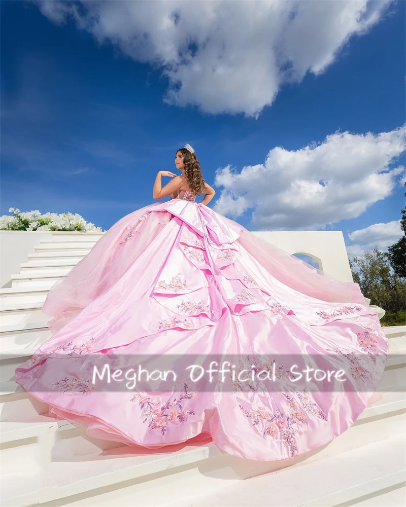 Pink Sweetheart Quinceanera Dresses Ball Gown Bead 3D Flower Birthday Dress Women 2024 Bow Princess Gown Sweet 16 Customized