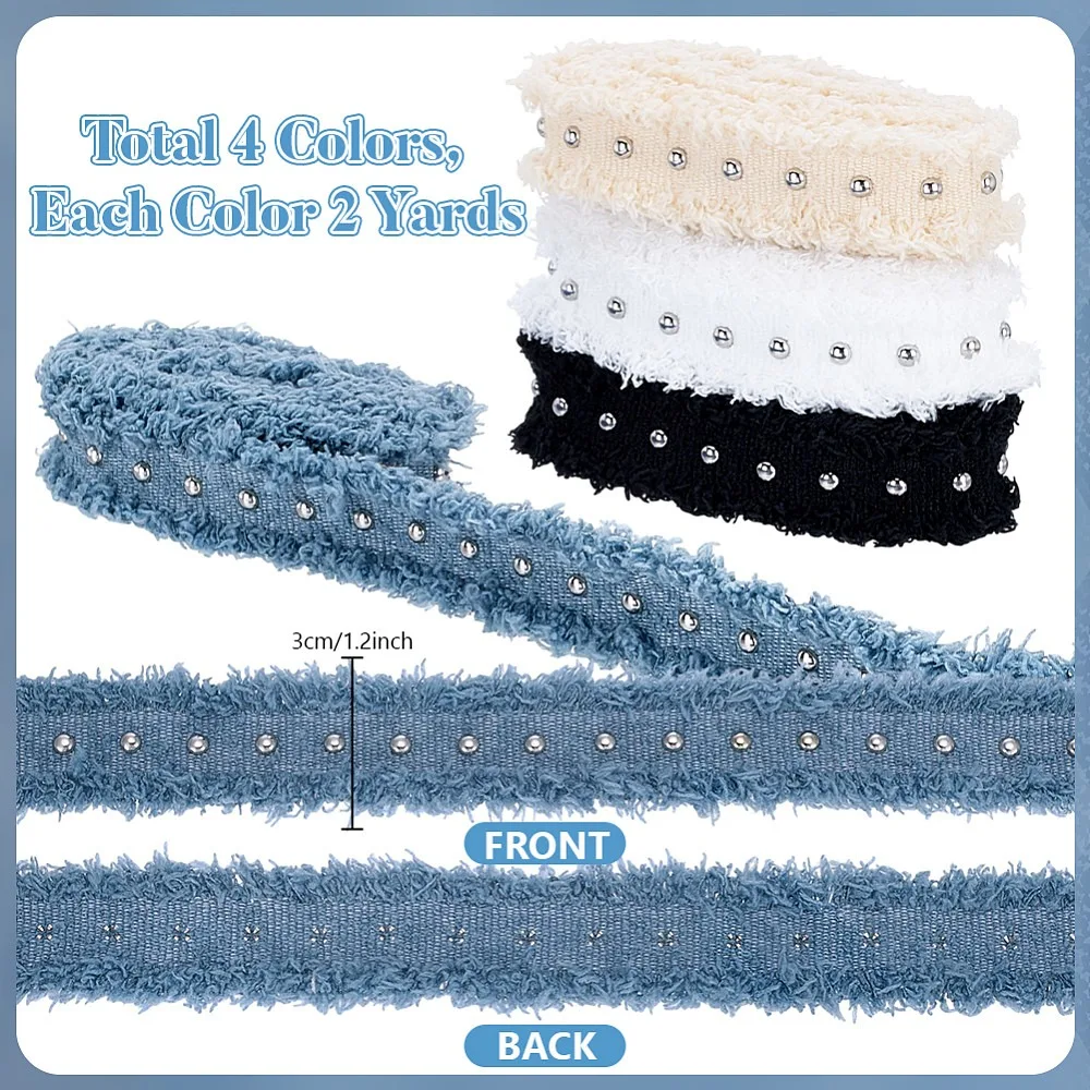 8 Yards 4 Colors Polyester Ribbons with Stainless Steel Beads Mixed Color 1-1/8 inch(30mm) 2 yards/color