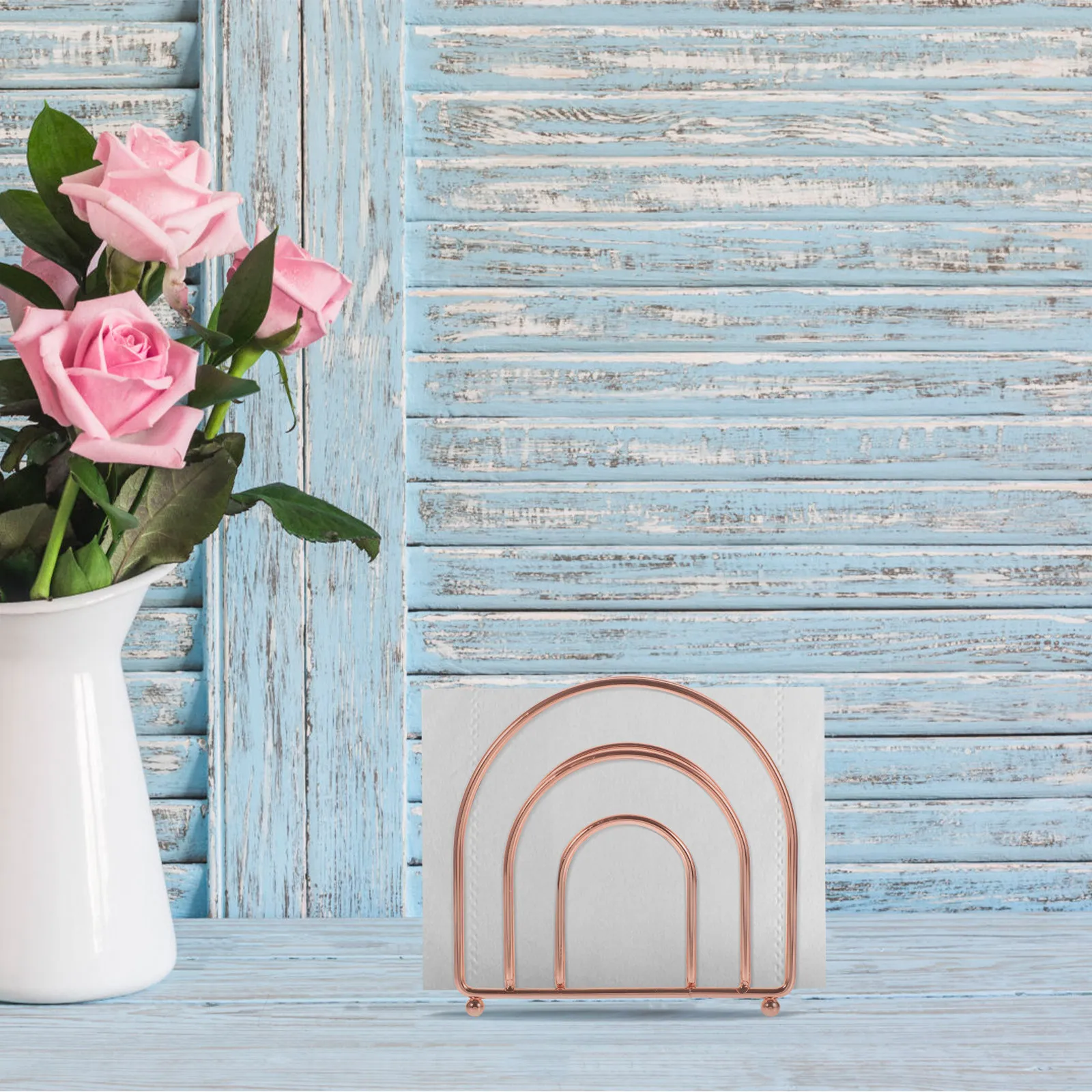 

1Pcs Rose Gold Door Shape Napkin Stand Iron Tissue Holder Freestanding Stylish Wear Resistant Creative Paper Towel Rack