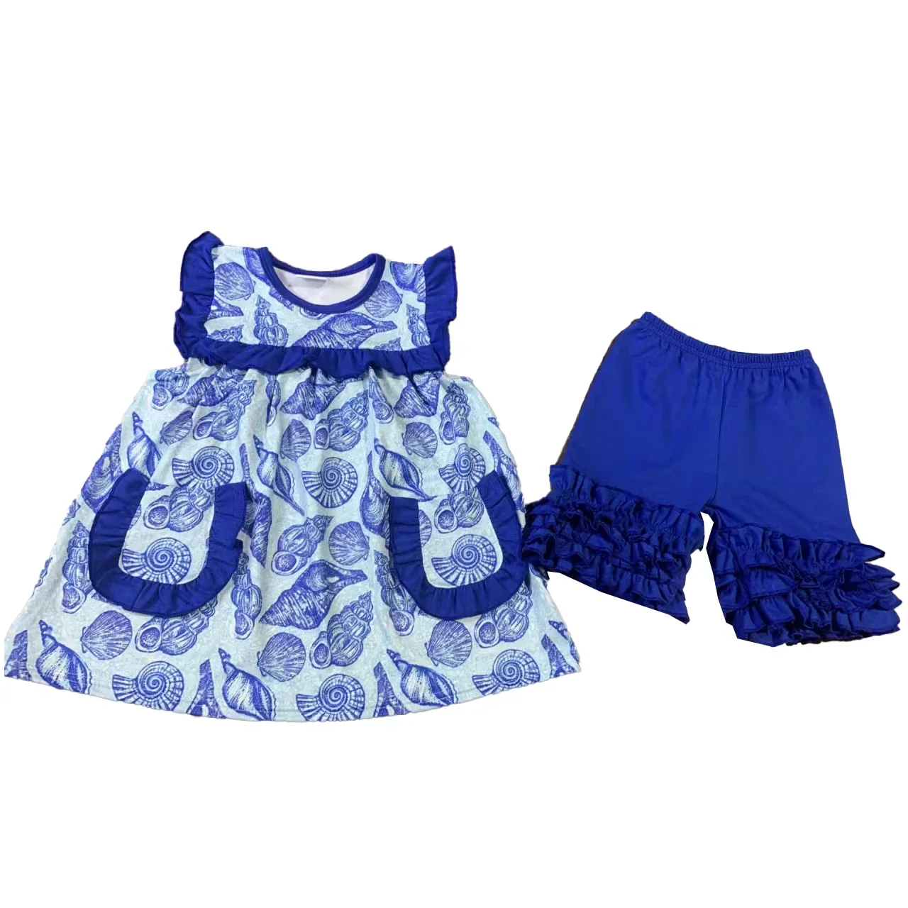 

Summer set Baby Girl Pattern Shorts Blue Suit Ruffles Collocation Dress Milk Silk Children's Clothing Wholesale Custom Clothes