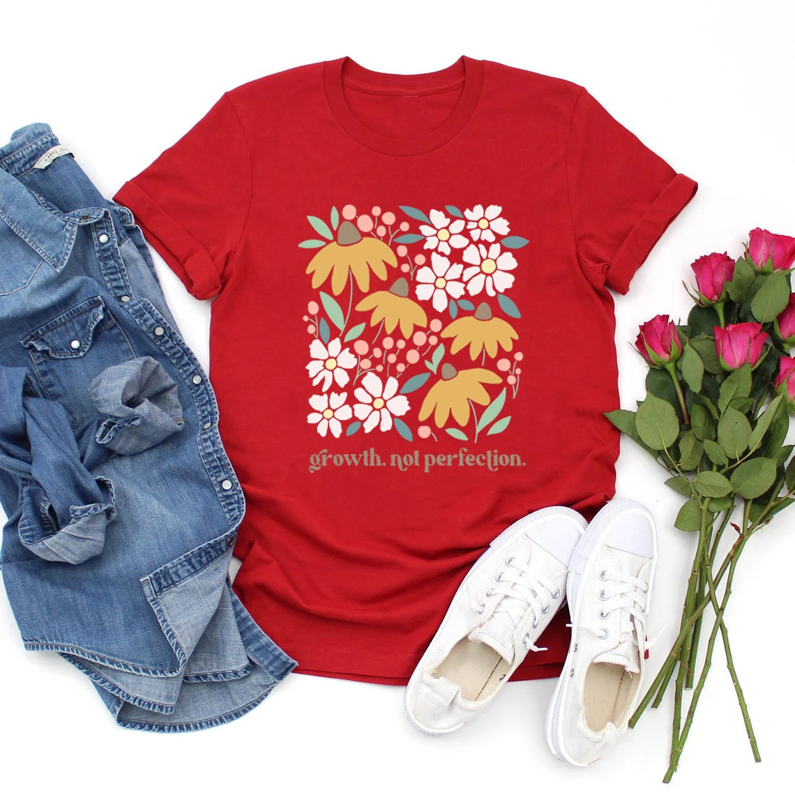 Mental Health T-Shirt Growth Not Perfection Shirt Positive Affirmation T-Shirt Women T-shirts Short Sleeve Inspirational Tees