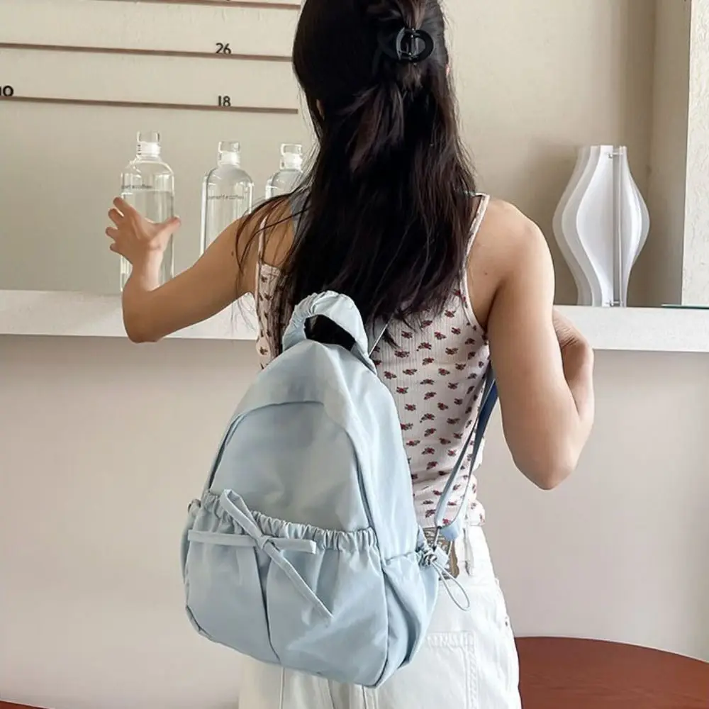 Sweet Handbag Bow Backpack Solid Color Korean Style Nylon Backpack Large Capacity Wrinkle Shoulders Bag Women