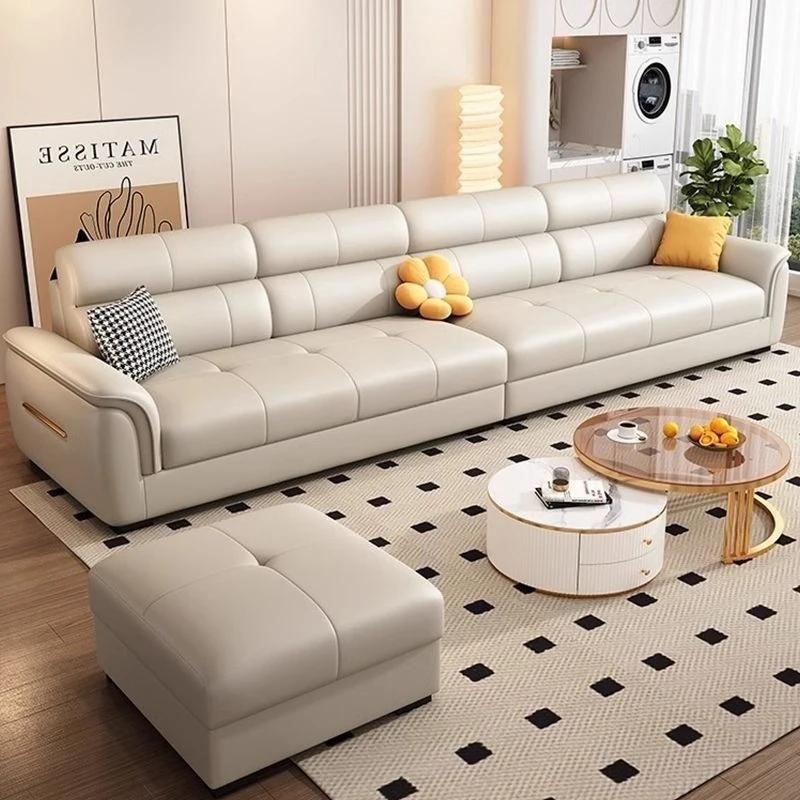 Nordic genuine leather sofa, modern minimalist straight row small apartment for living room, first-floor cowhide art sofa