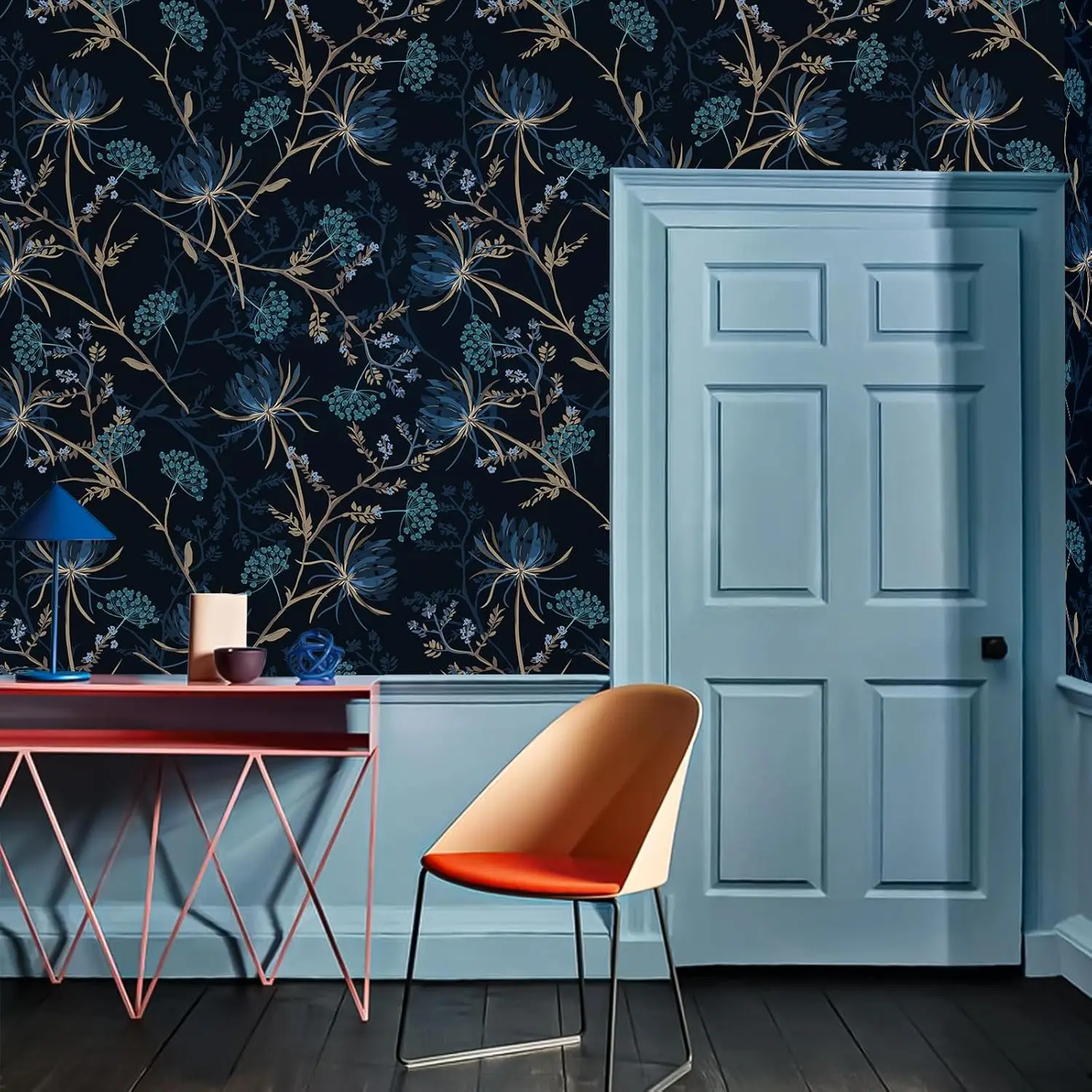 Dark Dandelion Floral Peel and Stick Wallpaper Vintage Blue Botanical Self Adhesive Wallpaper Removable Contact Paper for Walls