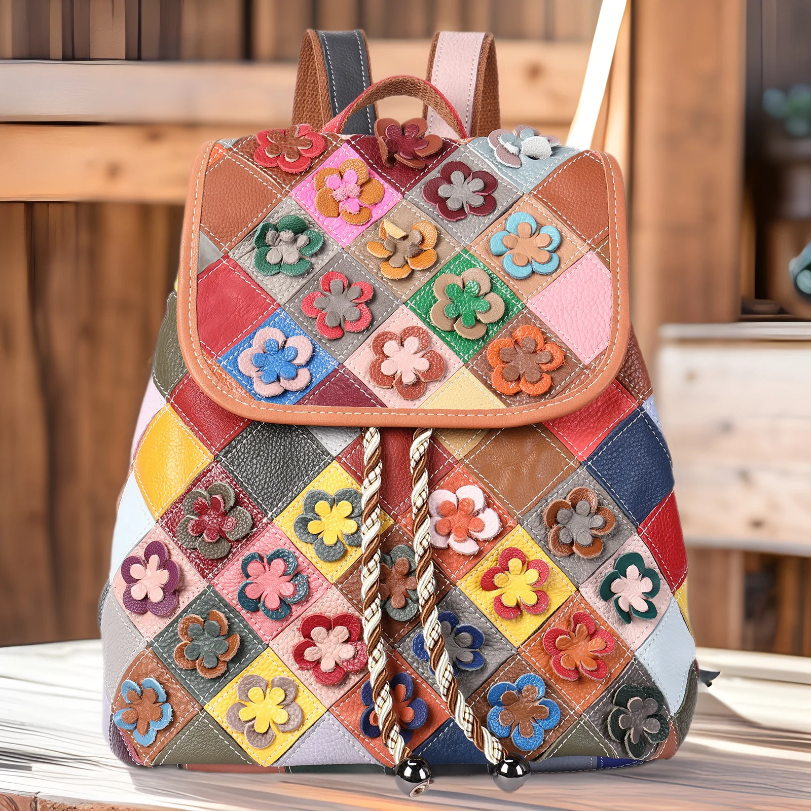 

Fashion Multicolor Floral Real Cow Leather Women Mini Laptop Backpack Teenage Girls School Backpacks Casual Travel Shoulder Bag