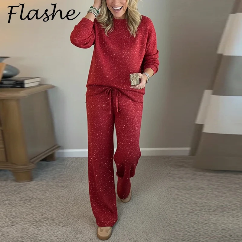 Damski dwuczęściowy zestaw jesienno-zimowy: bluza z długim rękawem i okrągłym dekoltem oraz spodnie ze sznurkiem, damski komplet świąteczny z nadrukiem.