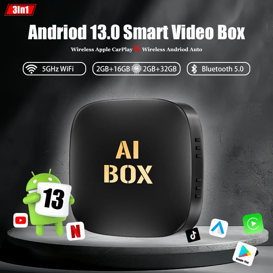 

3in1 CarPlay Ai Box Android13 & Android Auto & Carply Wireless Adapter Car Multimedia Box Built-in Netflix YouTube Google Play