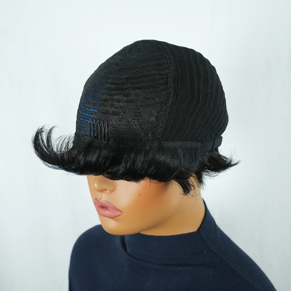 ショートピクシーウィッグ人毛女性用黒青ピクシーウィッグ人毛ショートブルーウィッグ機械製レイヤードショートピクシーカットウィッグ