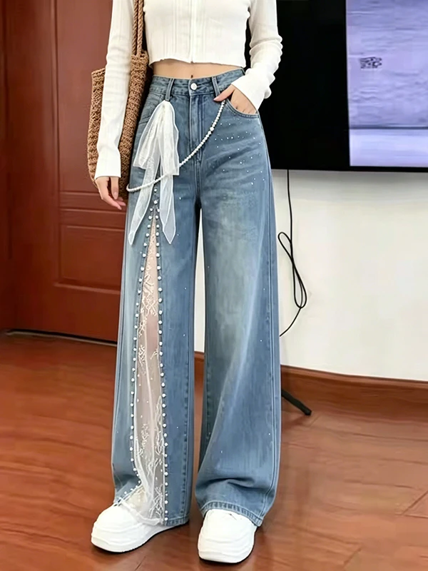 High Waist Wide Leg Lace Patchwork Pearl Design Women's Jeans Summer New Loose Slimming Straight Cut Pants Fashionable Ladies