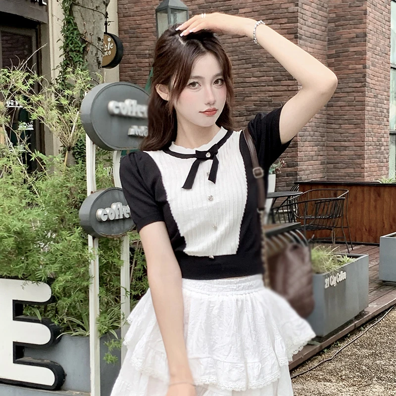 Summer Round Neck Bowknot Fashion Temperament Short Sleeve Sweet Short Knit Pullover Top Black