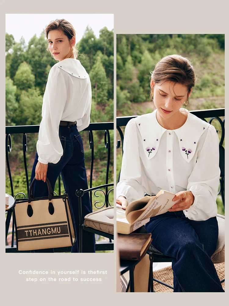 

OLrain, женская повседневная блузка, осень 2024, французские шифоновые рубашки, модные женские топы с круглым вырезом и объемными рукавами с вышивкой O22QX63198