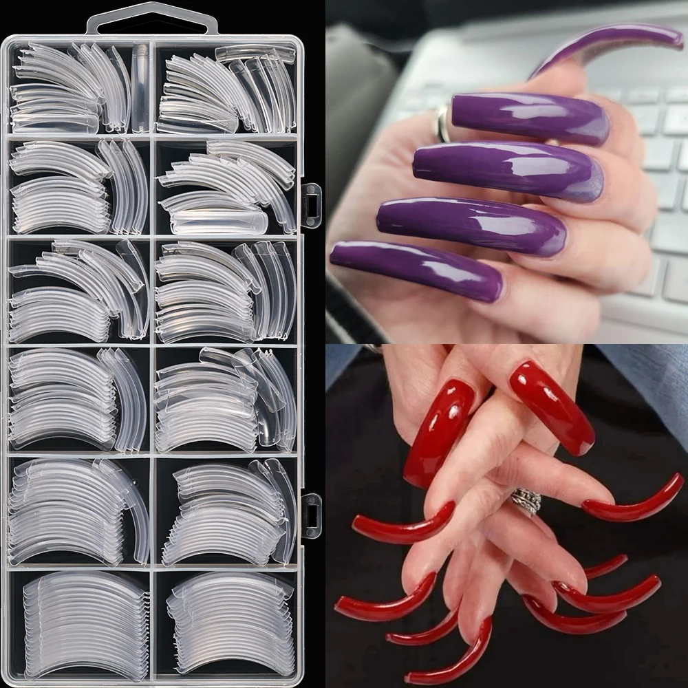 240pcs Extra-Long Curved Press on Nails Long Coffin Transparent/Natural French Fake Nails Extension DIY Salon Manicure Supply *&