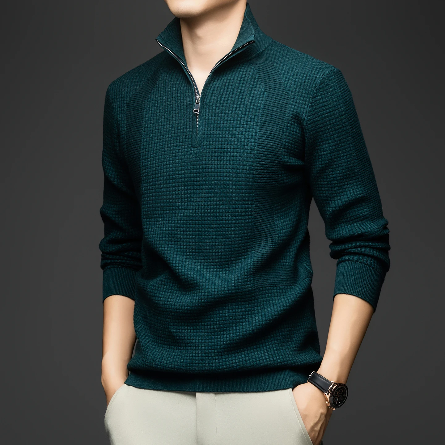 سترة رجالية جديدة موديل 2025 (بما في ذلك الصوف) بنصف سحاب لخريف وشتاء 2025 سترة متماسكة فضفاضة جديدة للرجال