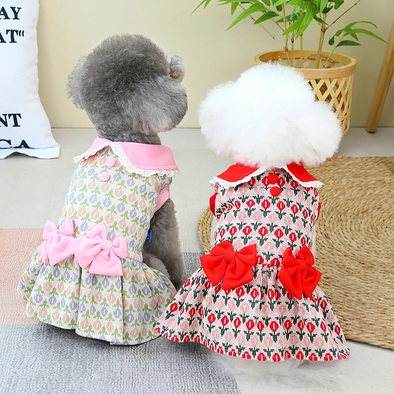 Girl Female Dog Apparel Cute Pet Clothes XS 2XL Chihuahua Dresses With Bow Puppy Bichon Red Pink Accessories Chihuahua Supplies