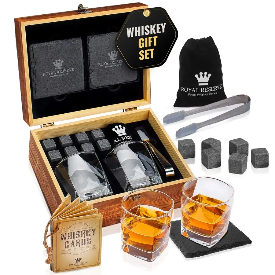 

Stones Gift Set by Artisan Crafted Scotch Bourbon Glasses, Chilling Rocks, Coasters and Tongs Whiskey Gifts Valentines Day Gift