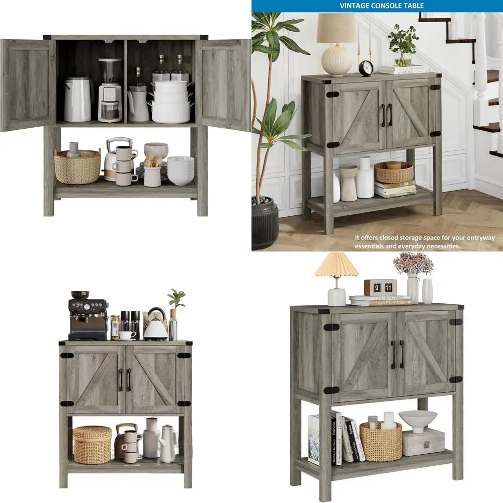 Grey Farmhouse-Style Buffet with 2 Doors, Storage Entryway Table, and Coffee Bar Console