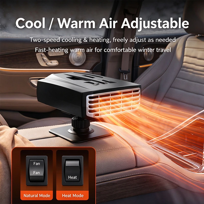 12V Portable Car Heater Fast Heating Defroster 360° Rotatable Cool Warm Fan 1.2m Cable Suction Bracket Auto Windshield Defogger