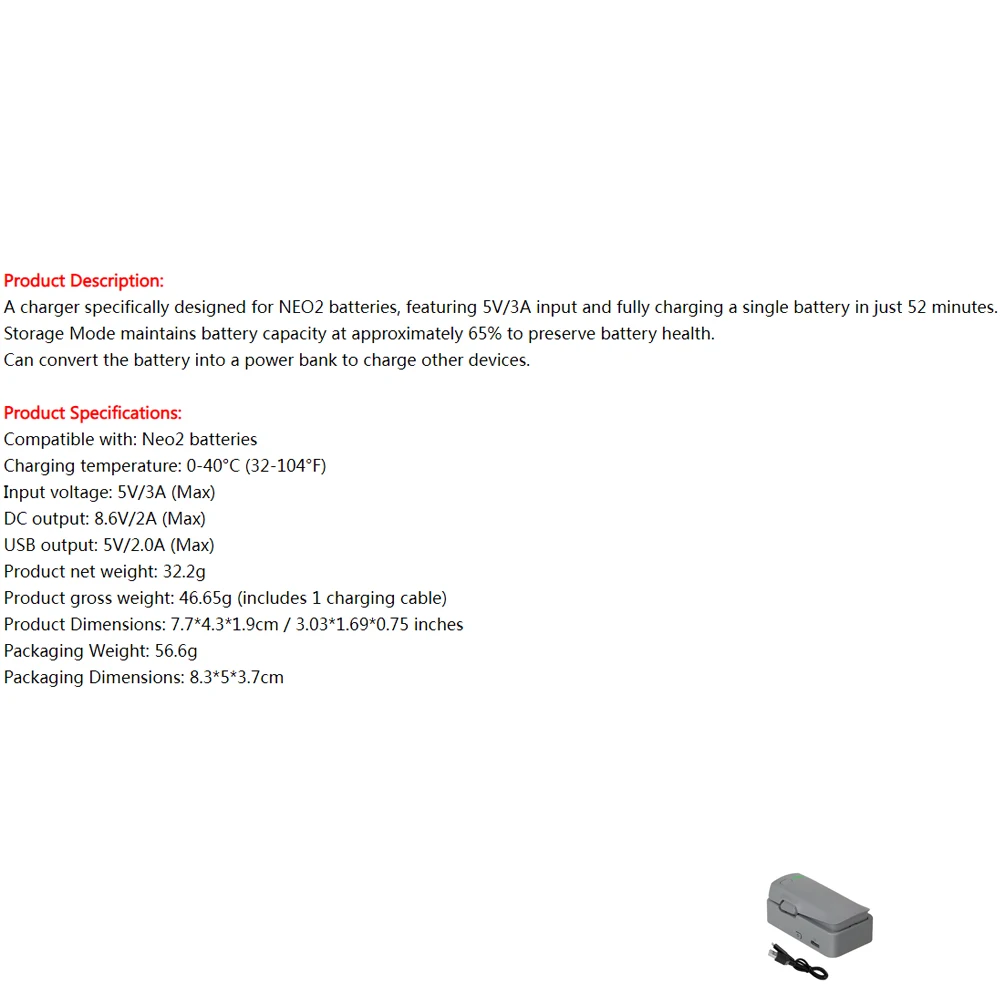 

Battery Charger Replacement for DJI NEO2 USB Fast Charger Battery Charging Hub Maintenance Device Drone Accessories